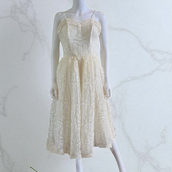 Emma Domb California Couture Dress Ivory Lace Below Knee 1950s MCM medium - Picture 1 of 8